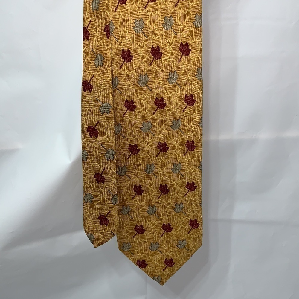 STUDIO S Gold Silver and Maroon Imported Silk Tie 60.5” L and 4” W Leaf Patttern